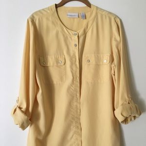 Gold Chico’s button down roll sleeve camp shirt